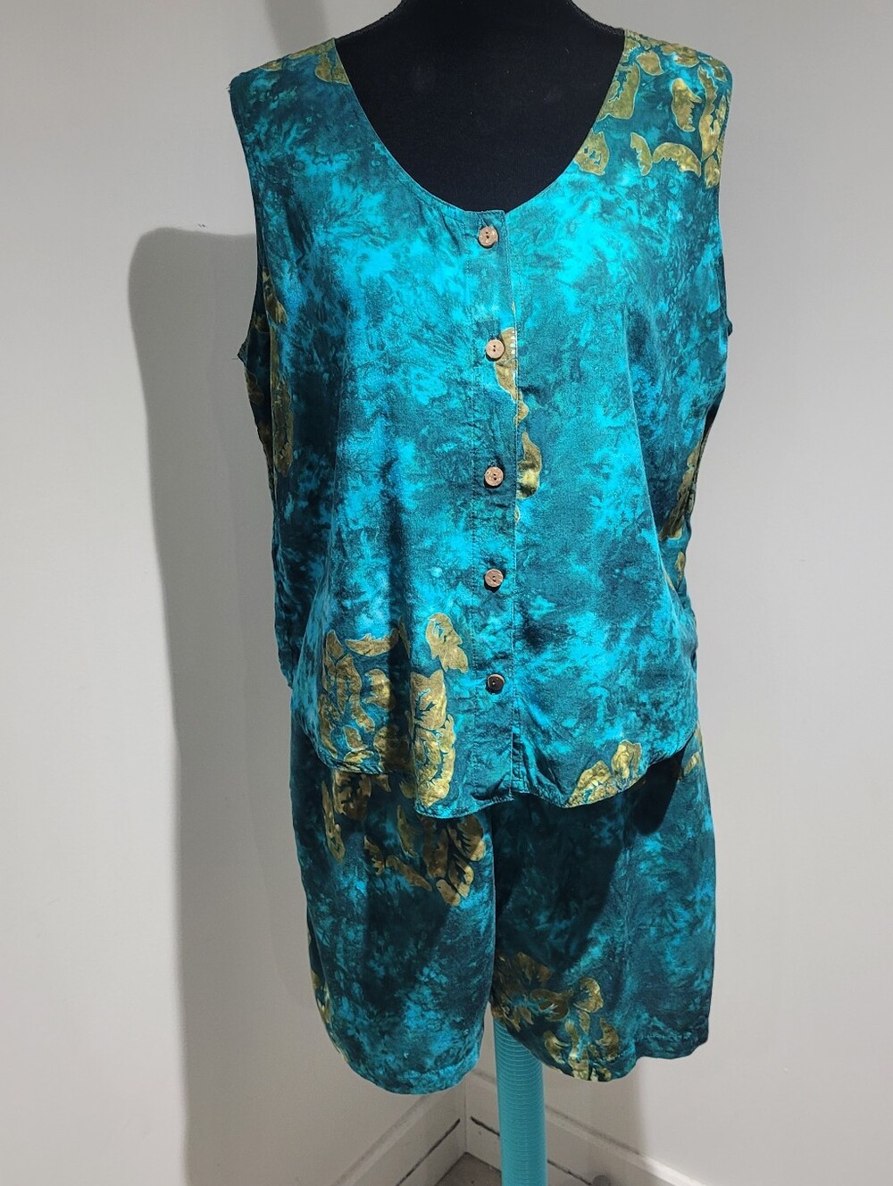 Women's Teal & Gold Button Front Sleeveless Top & Shorts Large Tropical Vacation